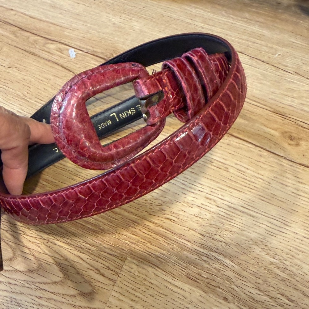 Genuine Snake Skin Women's Belt Burgundy Red Leather Skinny Belt
